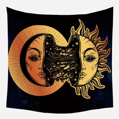 Golden crescent moon and woman silhouette tapestry with a floral crown against a dark blue starry background. - Image 23