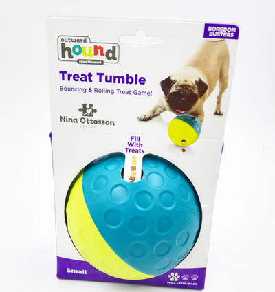 Small Outward Hound Treat Tumble dog toy in blue and yellow, a bouncing and rolling slow feeder. - Image 12