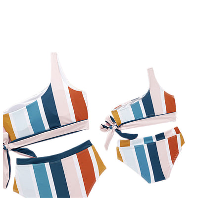 One-shoulder striped parent-child bikini set with colorful vertical stripes, featuring an adult and child size. - Image 3