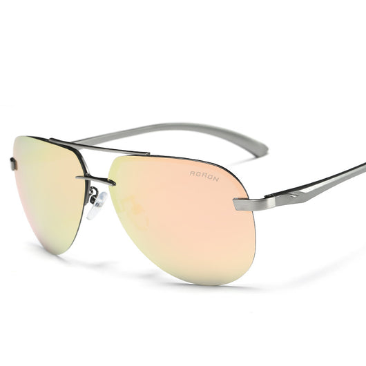 Rimless aviator sunglasses with orange mirrored polarized lenses and silver-toned metal temples on a white background. - Image 10