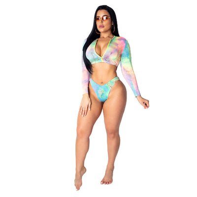 Women's tie-dye long-sleeve crop top swimsuit with high-cut bikini bottoms, featuring a colorful print. - Image 18