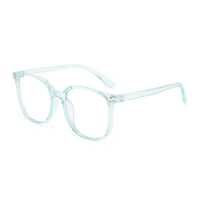 Full-frame trendy blue light blocking glasses with a transparent blue square frame and clear lenses. - Image 9