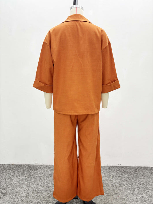 Conjunto de Dos Piezas: Camisa Suelta con Solapa y Pantalón Recto de Talle Alto - Image 11