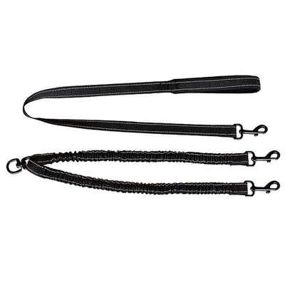 Black double-ended pet traction rope with reflective stitching, two elasticized leash segments, and metal snap hooks. - Image 14