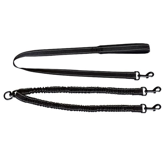 Black double-ended pet traction rope with reflective stitching, two elasticized leash segments, and metal snap hooks. - Image 14