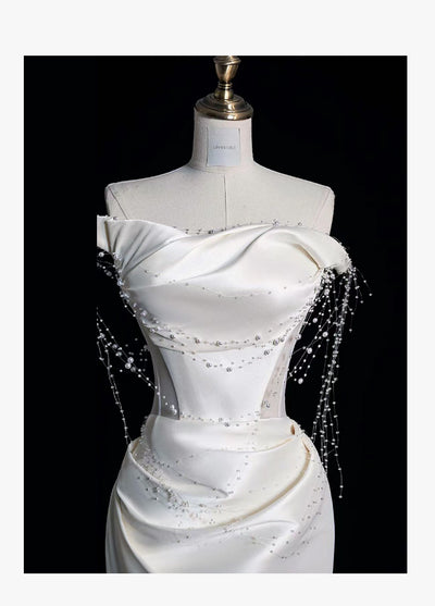 Vestido de Fiesta Satinado Hombros Descubiertos con Perlas - Image 16