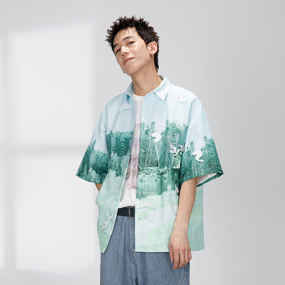 Camisa Retro Suelta con Estampado Completo de Manga Corta - Image 10