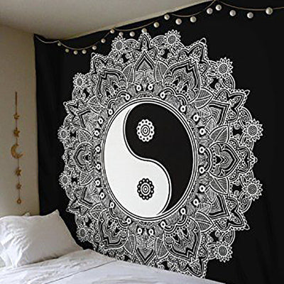 Black and white Yin Yang Mandala tapestry featuring 'The Moon' tarot card design with wolves, stars, and zodiac symbols. - Image 2