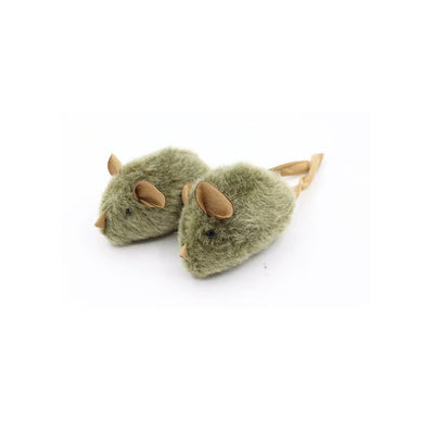 Three green plush mouse cat toys with tan ears and tails, one hanging upside down, against a white background. - Image 9