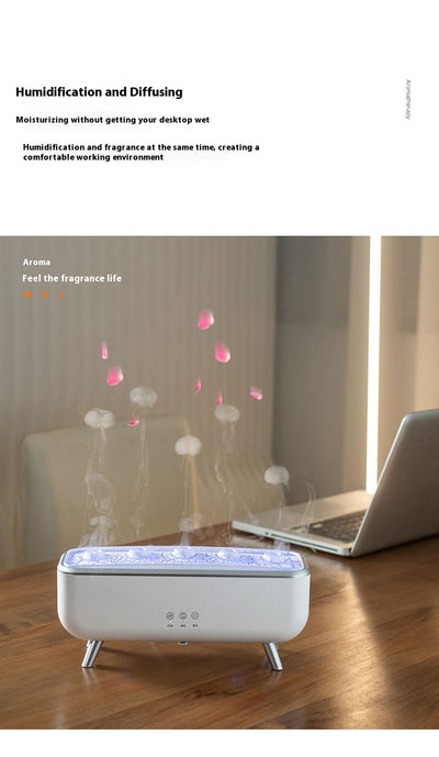 White rectangular ultrasonic humidifier with a textured top, silver legs, and control icons for mist, rotation, and light. - Image 9