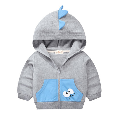 Navy blue children's hooded jacket with orange dinosaur spikes on the hood and googly eyes on the front pocket. - Image 9