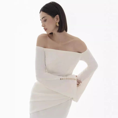 Vestido Elegante Cuello Barco con Mangas Campana y Cintura Ajustada - Image 5