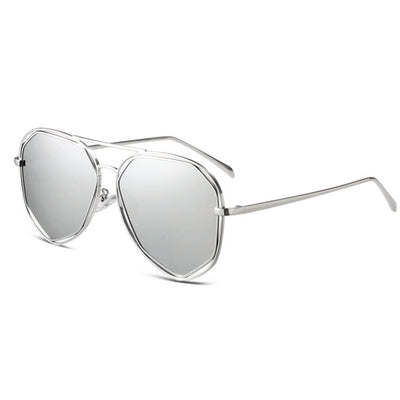 Black aviator-style sunglasses with dark gray polarized lenses and a unique double-rim frame on a white background. - Image 3