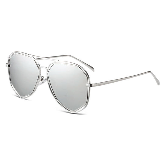 Black aviator-style sunglasses with dark gray polarized lenses and a unique double-rim frame on a white background. - Image 3