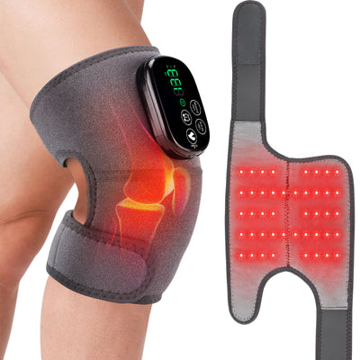Black knee brace with red infrared lights and a digital control panel, providing heating and vibration massage therapy. - Image 9