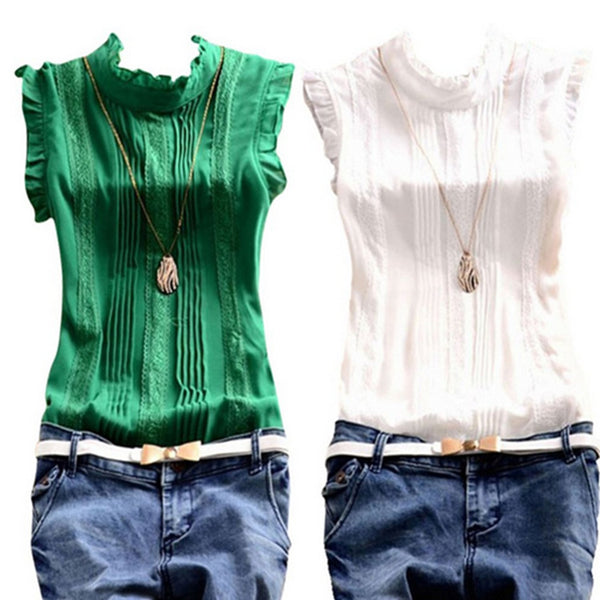 Camiseta Chaleco con Volantes en Cuello y Color Liso