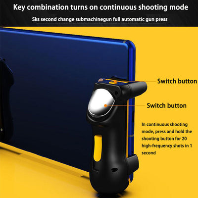 Black and yellow smartphone gamepad with a trigger button, shown from front and side views for mobile gaming. - Image 4