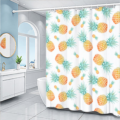 Light blue shower curtain with a repeating pattern of yellow pineapples and light green tops. - Image 3