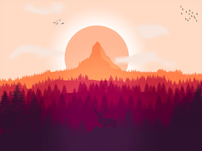 Late autumn sunset tapestry featuring a forest, mountain, and deer silhouette in orange, red, and purple hues.