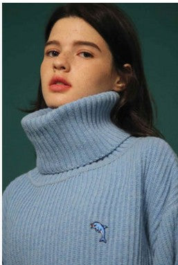 Suéter de Cuello Alto Azul Holgado para Invierno