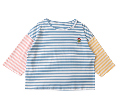 Camiseta Holgada para Mujer con Rayas y Bordado de Colores - Manga 3/4 Cuello Redondo - Image 4
