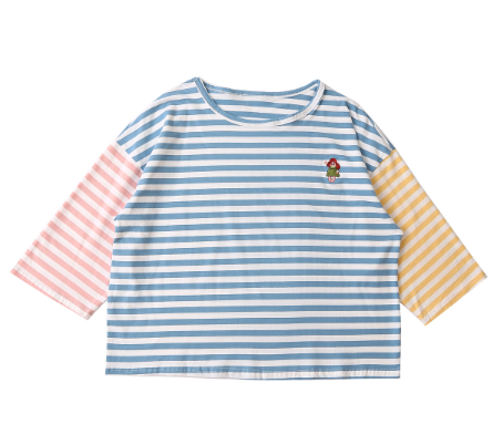 Camiseta Holgada para Mujer con Rayas y Bordado de Colores - Manga 3/4 Cuello Redondo - Image 4
