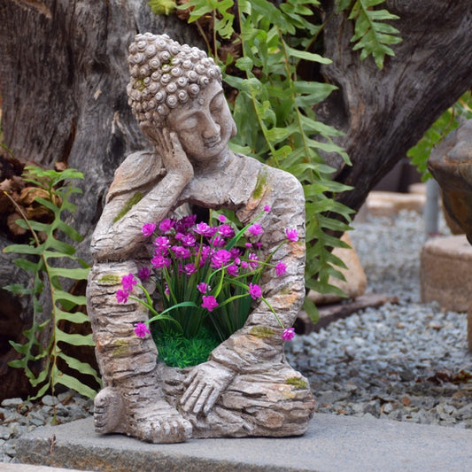 Estatua Buda de Resina con Maceta Floral para Jardín y Decoración de Espacios