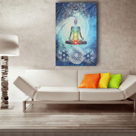 7 Chakra Buddha wall tapestry with a meditating figure, rainbow chakras, Om symbol, and cosmic blue mandala background.
