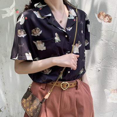 Blusa Retro Escote V Manga Corta en Gasa - Image 6