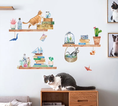 Cartoon cat wall sticker featuring multiple playful cats, one reaching for a fish, with "I LOVE FISH" text. - Image 21