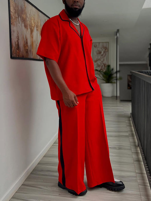 Conjunto Elegante: Blusa Roja Manga Corta y Pantalón Ancho con Detalles en Negro - Image 3