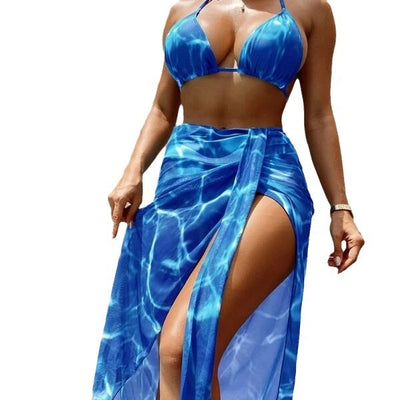Women's pink and white tie-dye three-piece bikini swimsuit with a halter top, bottoms, and high-slit sarong. - Image 5
