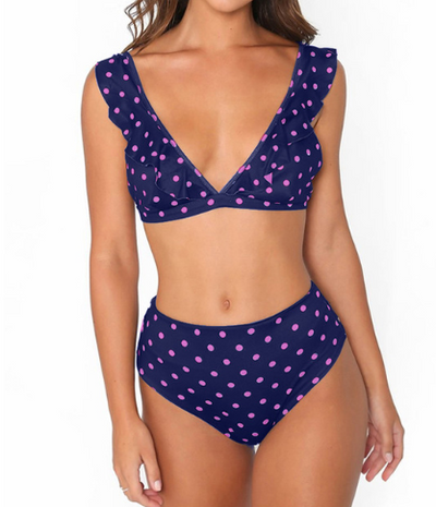 Traje de Baño de Cintura Alta con Borde Floral y Puntos para Mujer - Image 3