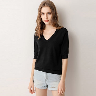 Suéter Tejido Cuello V Manga Corta para Mujer - Image 13