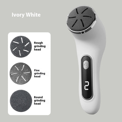 Ivory white electric foot grinder with digital display, power button, and three interchangeable grinding heads. - Image 8