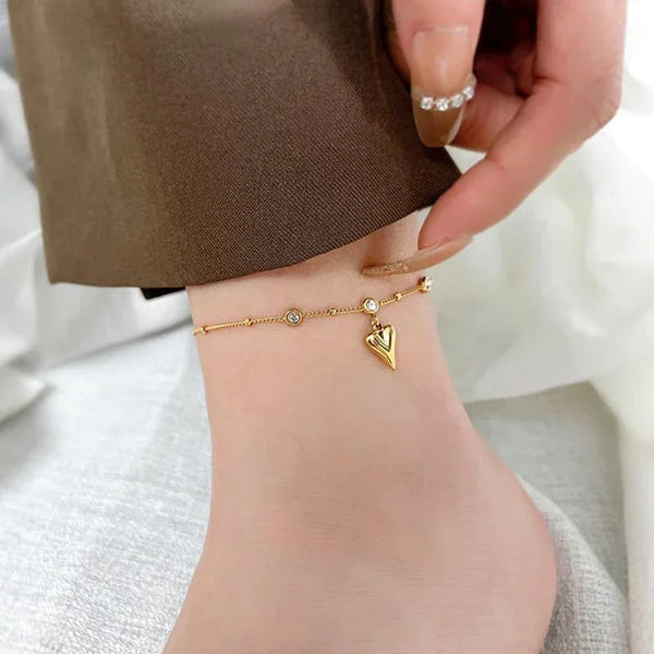 Tobillera Corazón Hinchado Dorado con Diamantes