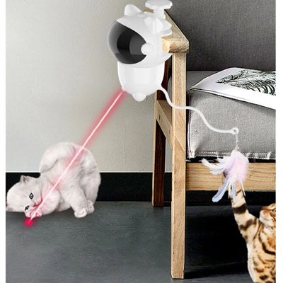 White cat-shaped intelligent laser toy with a black visor and a colorful feather wand attachment for pets. - Image 12