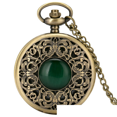 Reloj de Bolsillo Retro Tallado con Ojo de Gato Verde - Cuarzo Grande - Image 7