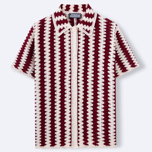 Blusa Tejida de Rayas Vintage con Manga Corta y Detalles Calados
