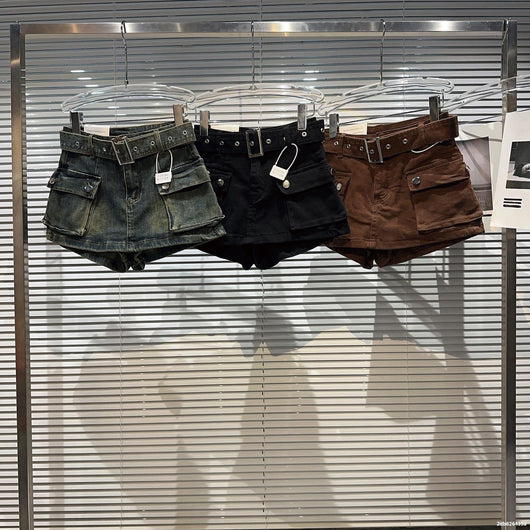 Shorts Denim Retro para Mujer con Bolsillos Grandes y Cinturón - Image 17