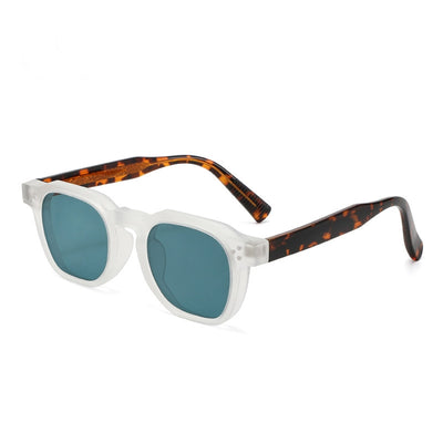 Black square frame sunglasses with dark lenses and small silver accents on the front, shown at an angle. - Image 8