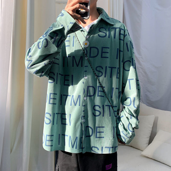 Camisa de Pana Estampada Casual de Manga Larga para Hombre