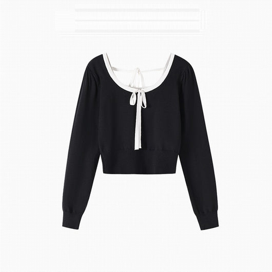 Blusa Tejida de Manga Larga a Cuadros con Moño Elegante - Image 8