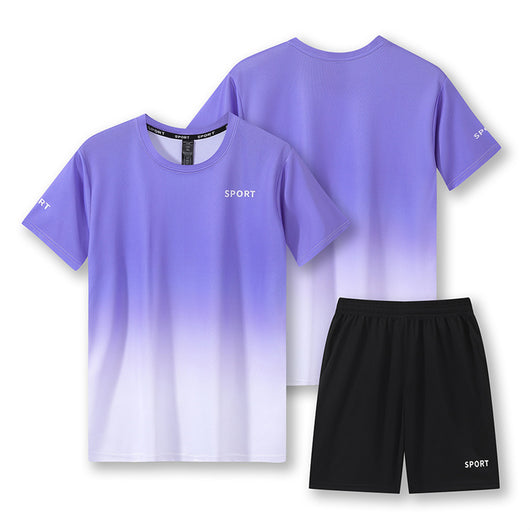 Purple and white gradient short-sleeve t-shirt with 'SPORT' text and black athletic shorts for women. - Image 8