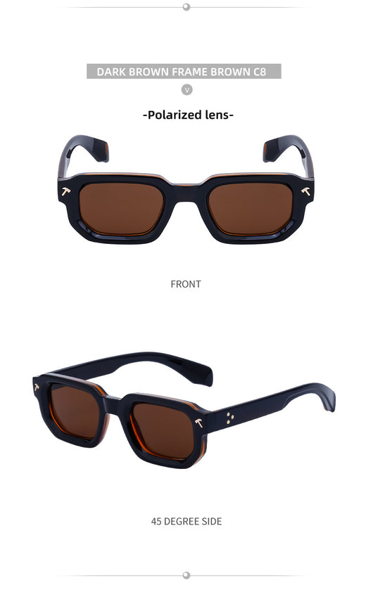 Men's square frame sunglasses with a two-tone brown and black frame, dark green lenses, and tortoise shell temples. - Image 30