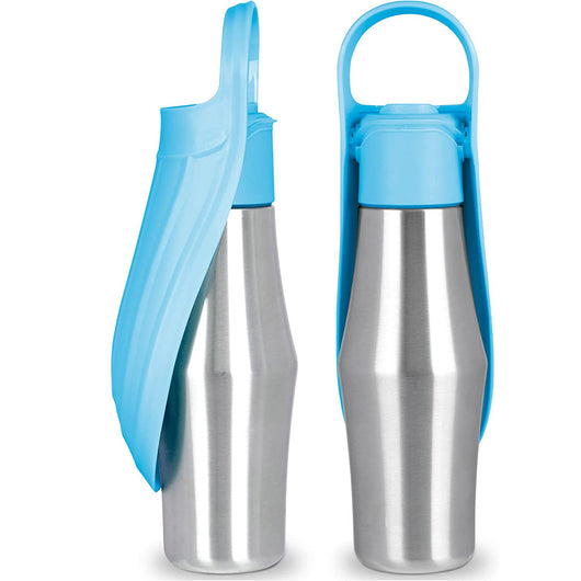 Portable pet water bottle with a stainless steel body and a gray silicone leaf-design drinking bowl and handle. - Image 3