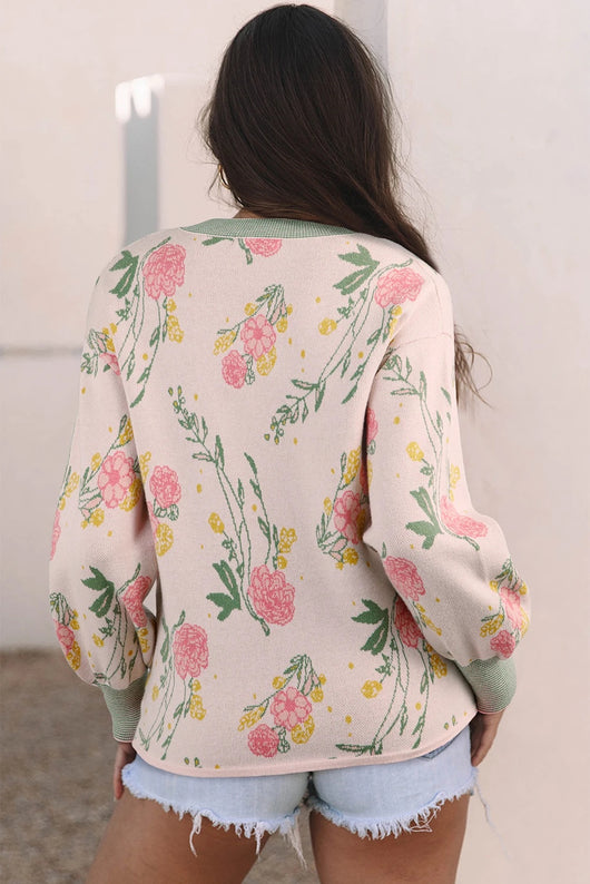 Suéter Holgado con Escote en V, Rayas y Estampado Floral - Image 9