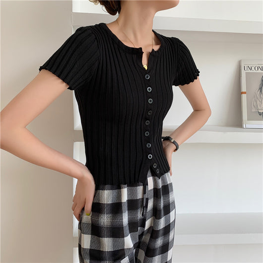 Cardigan Corto Tejido de Cintura Alta - Blusa Slim Fit Manga Corta - Image 2