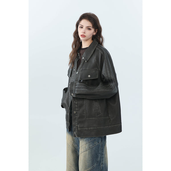 Chaqueta de Cuero PU Estilo Retro Americano Desgastado para Motociclista