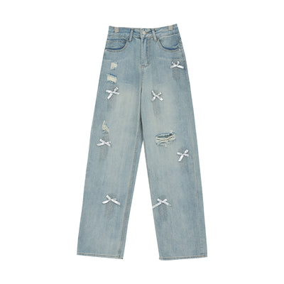 Jeans Rectos Retro con Lazada y Rotos para Mujer - Image 3
